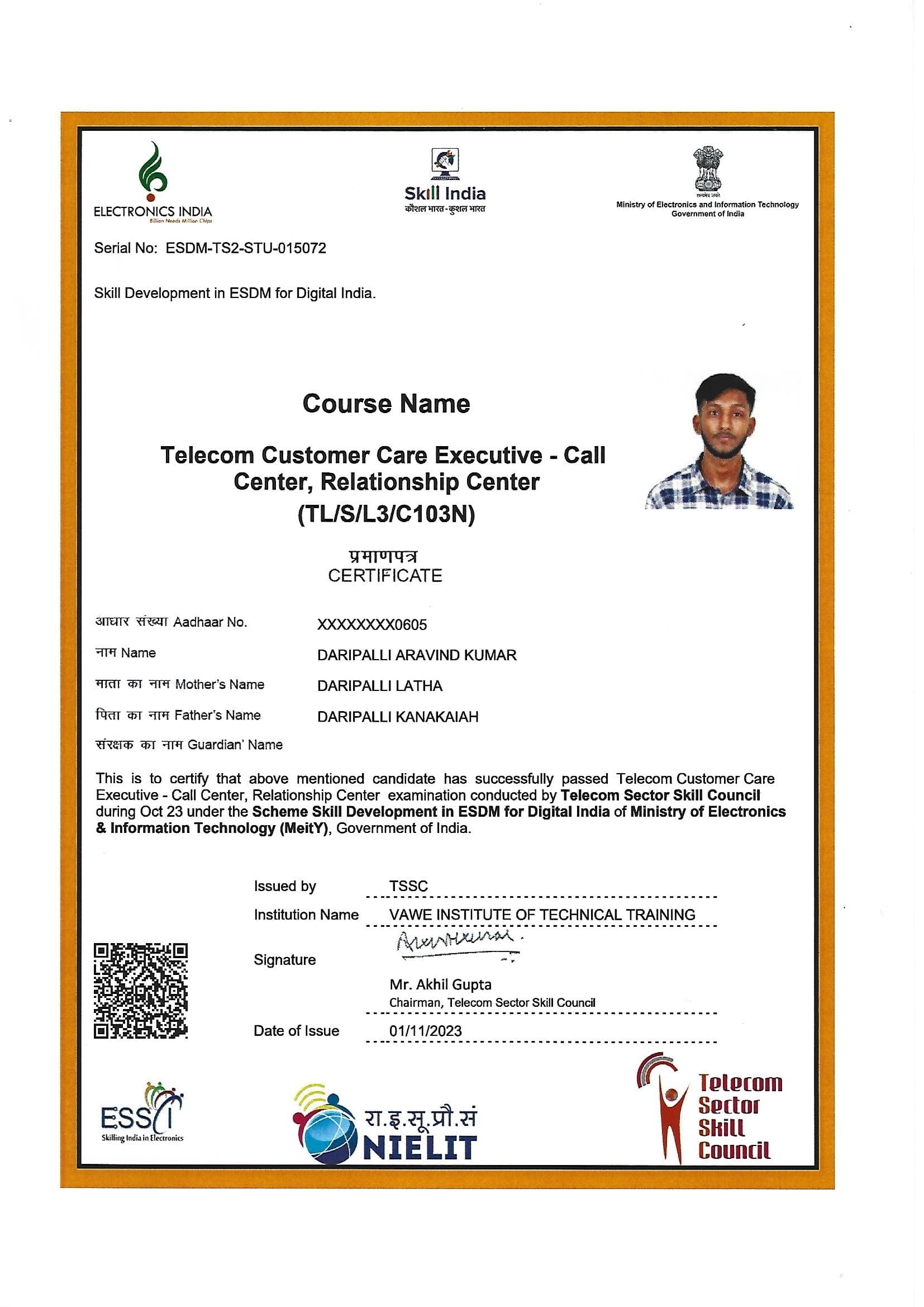 Telecom Sector Skill Council certification from VAWE Institute